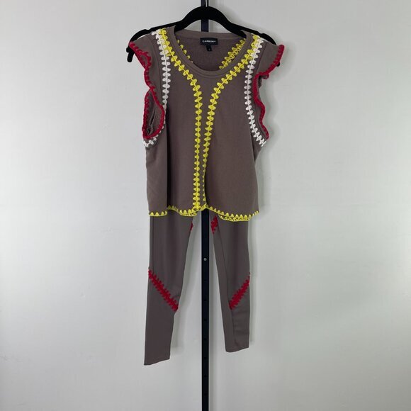 Carbon Womens SET Embroidered Trim Boho Taupe Knit Top & Leggings Outfit  Size S - Picture 1 of 12